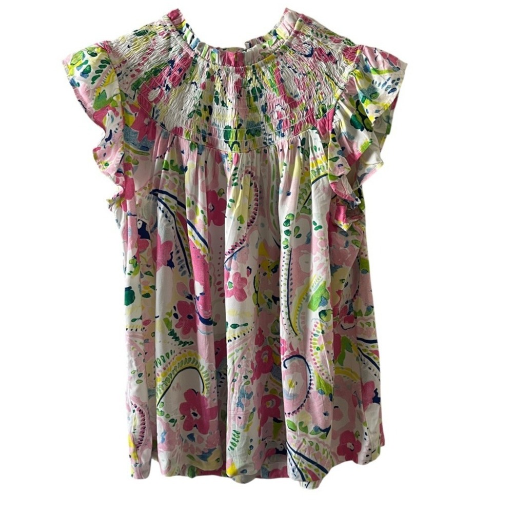 Crown Ivy Womens Small Pink Blue Paisley Floral Smocked‎ Yoke Flutter Sleeve Top